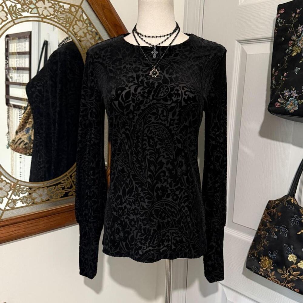 Lauren Ralph Lauren Black Velvet Burnout Paisley Long Sleeve High Neck Goth Top - Picture 3 of 8